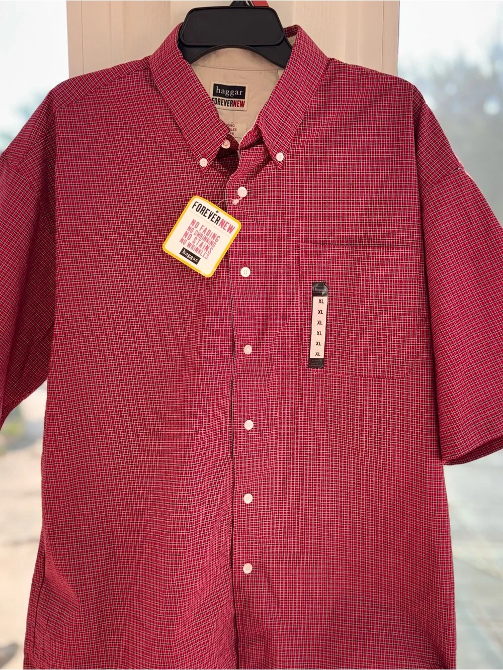 Haggar ForeverNew Mens XL Red Plaid Button Down Shirt NWT Wrinkle Resistant SS - Picture 6 of 9